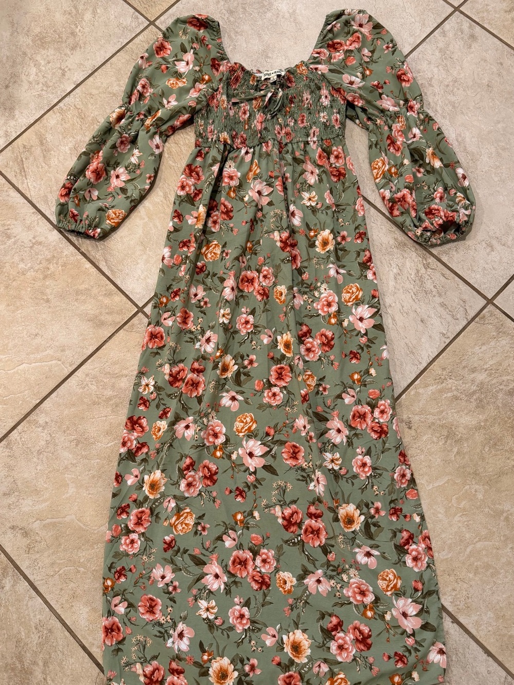 Inspired Hearts Sage Green Floral Smocked Maxi Dress with Side Slit | Size Large